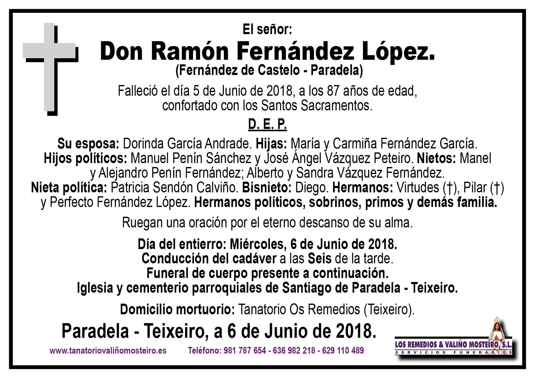 Esquela de Ramón Fernández López.